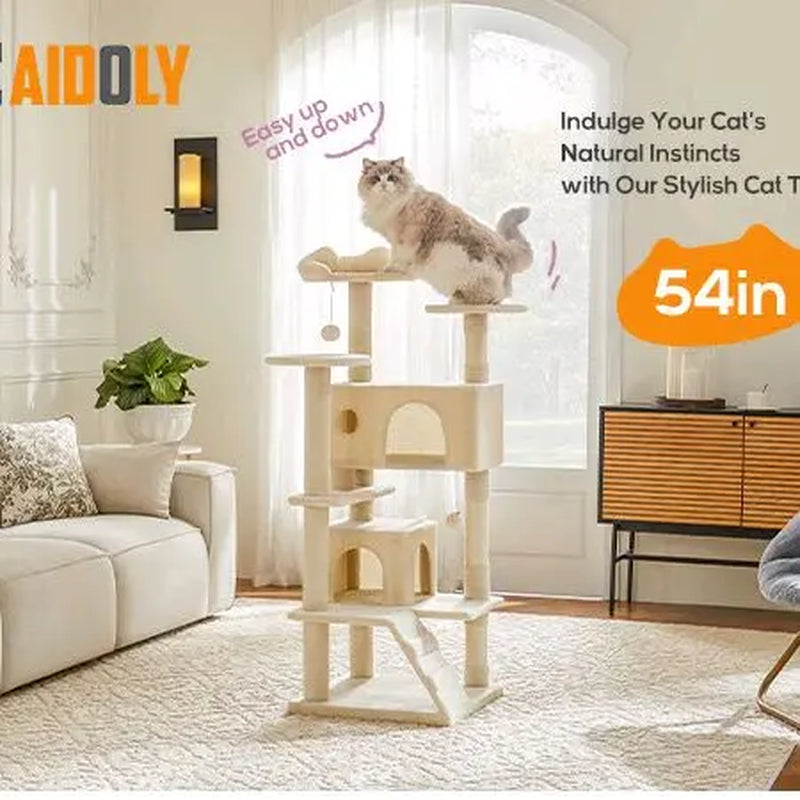 Cat Tree 54In Cat Tower with Scratching Post Multi-Level Condo Stand House Furniture Activity Center Furry Ball Toys for Indoor Cats Beige
