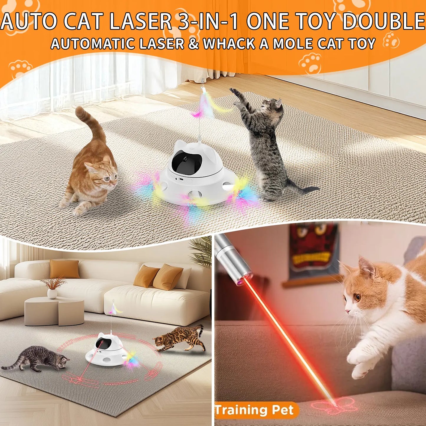 Cat Laser Toy,3-In-1Interactive Automatic 6 Holeselectronic Whack a Mole, Fluttering Butterfly,Usb Rechargeable Interactive Cat Toys for Bored Indoor Adult Cats/Kittens/Dogs Cat Laser Toy Stress Relief Toy for Cats