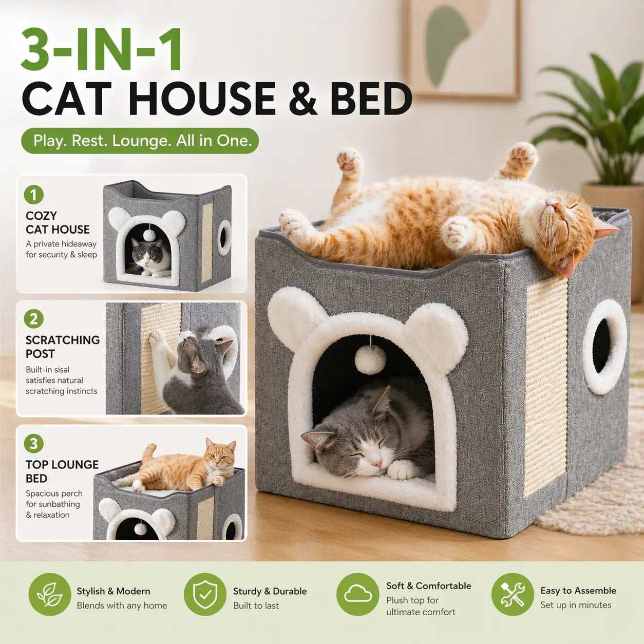 Foldable Cat House for Indoor Cats, 2-Story Cat Cube Condo with Built-In Sisal Scratching Pad & Hanging Toy Ball, Sturdy Cat Bed Hideaway Apartment Box for Large Cats up to 30 Lbs round Window