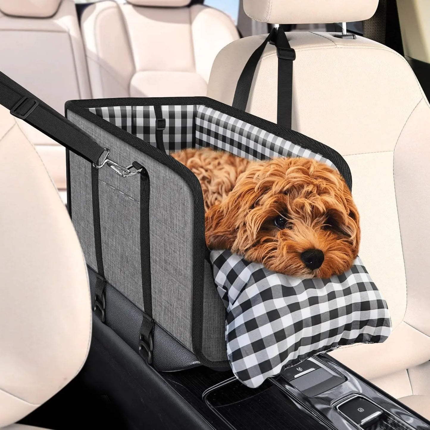 Small Dog Car Seat Center Console Booster Seat for Small Dogs & Cats, Safe Travel Pet Carrier with Safety Leash, Portable Armrest Pet Bed for Car, Non-Slip Pet Travel Carrier for Small Breeds