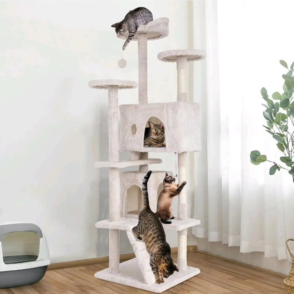 Cat Tree 54In Cat Tower with Scratching Post Multi-Level Condo Stand House Furniture Activity Center Furry Ball Toys for Indoor Cats Beige