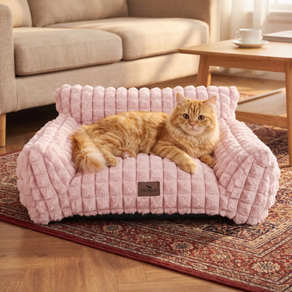 24" Faux Rabbit Fur Pet Couch Bed for Cats - Fluffy 3D Diamond Pattern Sofa, Removable Washable Cover, Non-Slip Base, Suitable for Small Dogs & Kittens