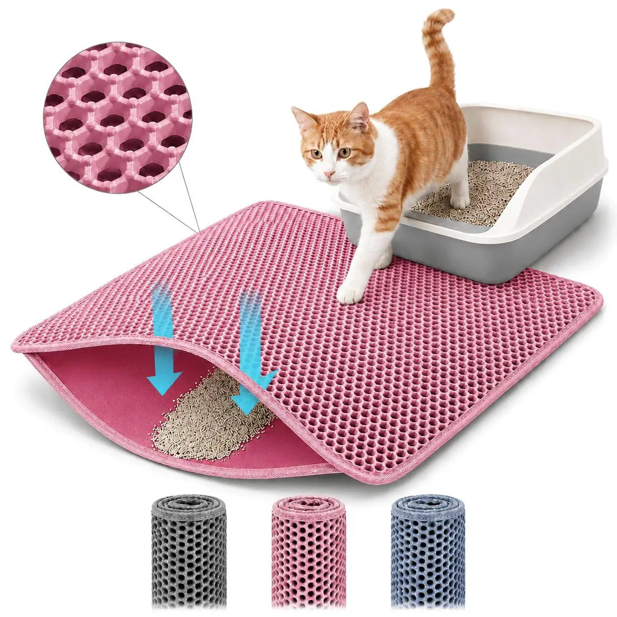 Cat Litter Mat, 30X22 Inches Large Double Layer Honeycomb Cat Litter Trapping Mat, Non Slip Waterproof Urine Proof Cat Litter Box Mat for Floor, Kitty Litter Rug, Cat Supplies, Pink