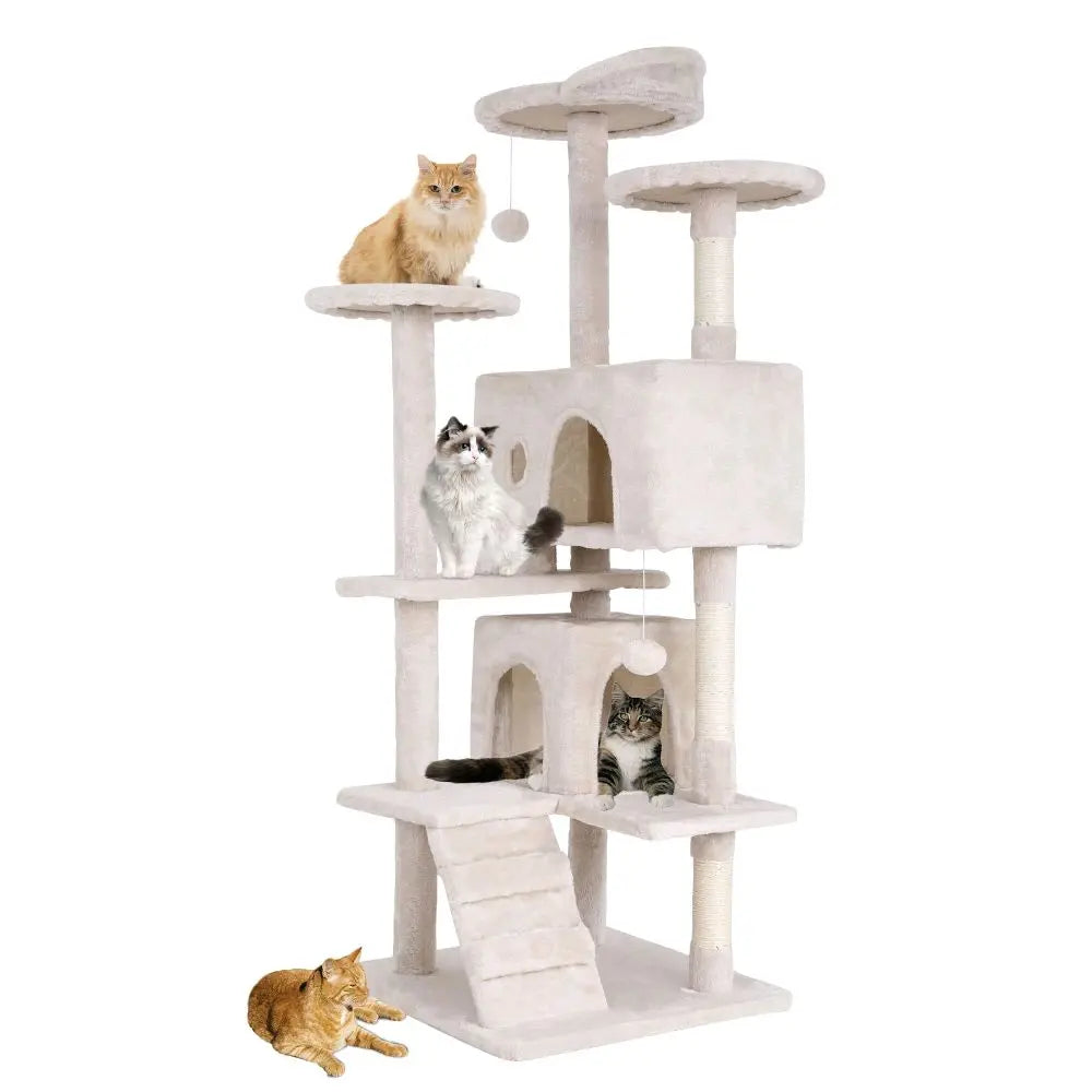 Cat Tree 54In Cat Tower with Scratching Post Multi-Level Condo Stand House Furniture Activity Center Furry Ball Toys for Indoor Cats Beige