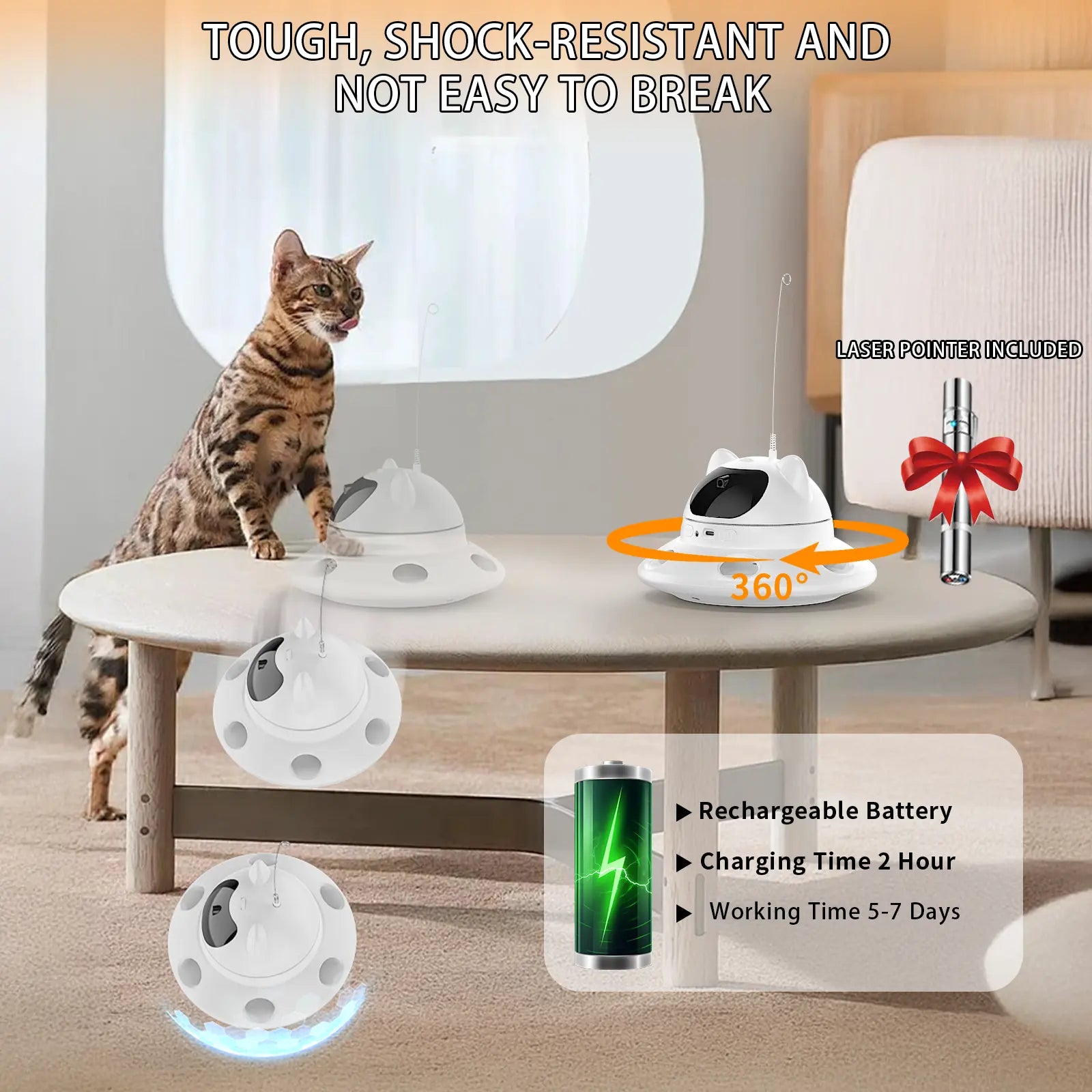 Cat Laser Toy,3-In-1Interactive Automatic 6 Holeselectronic Whack a Mole, Fluttering Butterfly,Usb Rechargeable Interactive Cat Toys for Bored Indoor Adult Cats/Kittens/Dogs Cat Laser Toy Stress Relief Toy for Cats