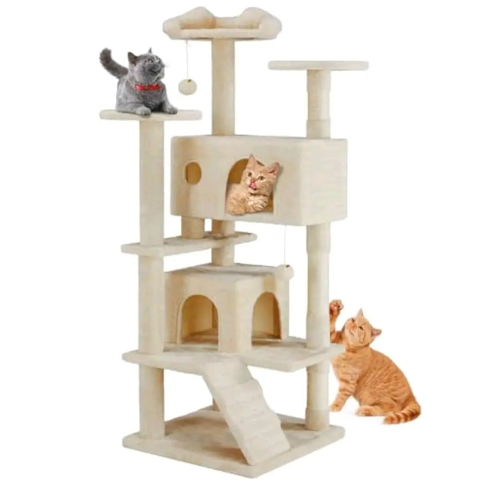 Cat Tree 54In Cat Tower with Scratching Post Multi-Level Condo Stand House Furniture Activity Center Furry Ball Toys for Indoor Cats Beige