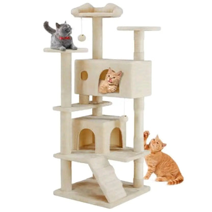 Cat Tree 54In Cat Tower with Scratching Post Multi-Level Condo Stand House Furniture Activity Center Furry Ball Toys for Indoor Cats Beige