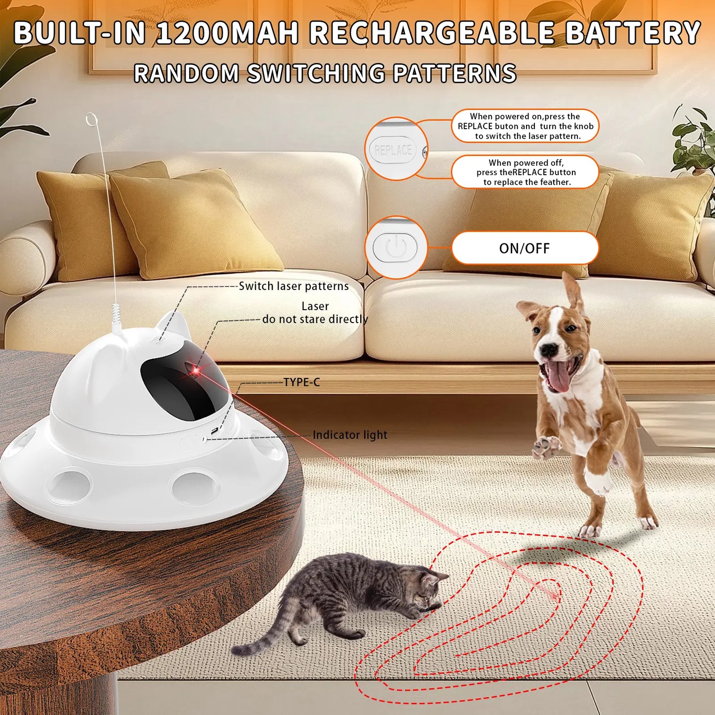 Cat Laser Toy,3-In-1Interactive Automatic 6 Holeselectronic Whack a Mole, Fluttering Butterfly,Usb Rechargeable Interactive Cat Toys for Bored Indoor Adult Cats/Kittens/Dogs Cat Laser Toy Stress Relief Toy for Cats
