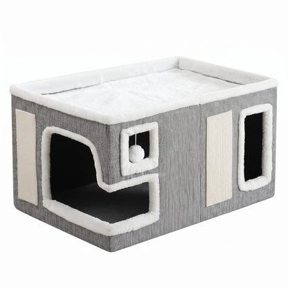 Foldable Cat House for Indoor Cats, 2-Story Cat Cube Condo with Built-In Sisal Scratching Pad & Hanging Toy Ball, Sturdy Cat Bed Hideaway Apartment Box for Large Cats up to 30 Lbs round Window