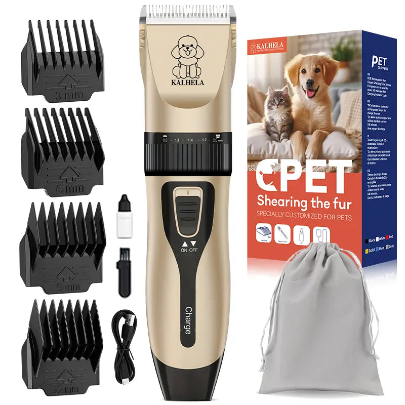 KALHELA Dog Clippers Low Noise, Quiet Dog Grooming Kit Rechargeable Cordless Pet Hair Clipper Trimmer Shaver for Small and Large Dogs Cats Animals (Gold)