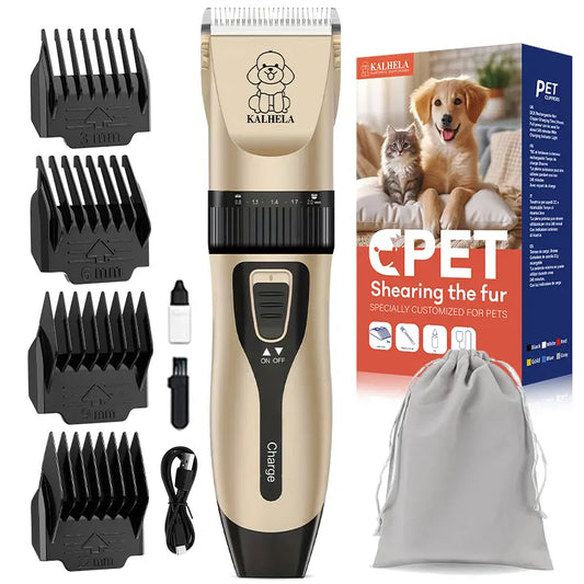 KALHELA Dog Clippers Low Noise, Quiet Dog Grooming Kit Rechargeable Cordless Pet Hair Clipper Trimmer Shaver for Small and Large Dogs Cats Animals (Gold)