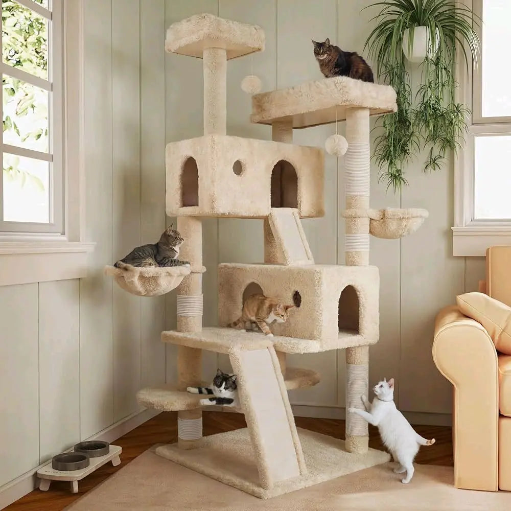 Cat Tree 54In Cat Tower with Scratching Post Multi-Level Condo Stand House Furniture Activity Center Furry Ball Toys for Indoor Cats Beige