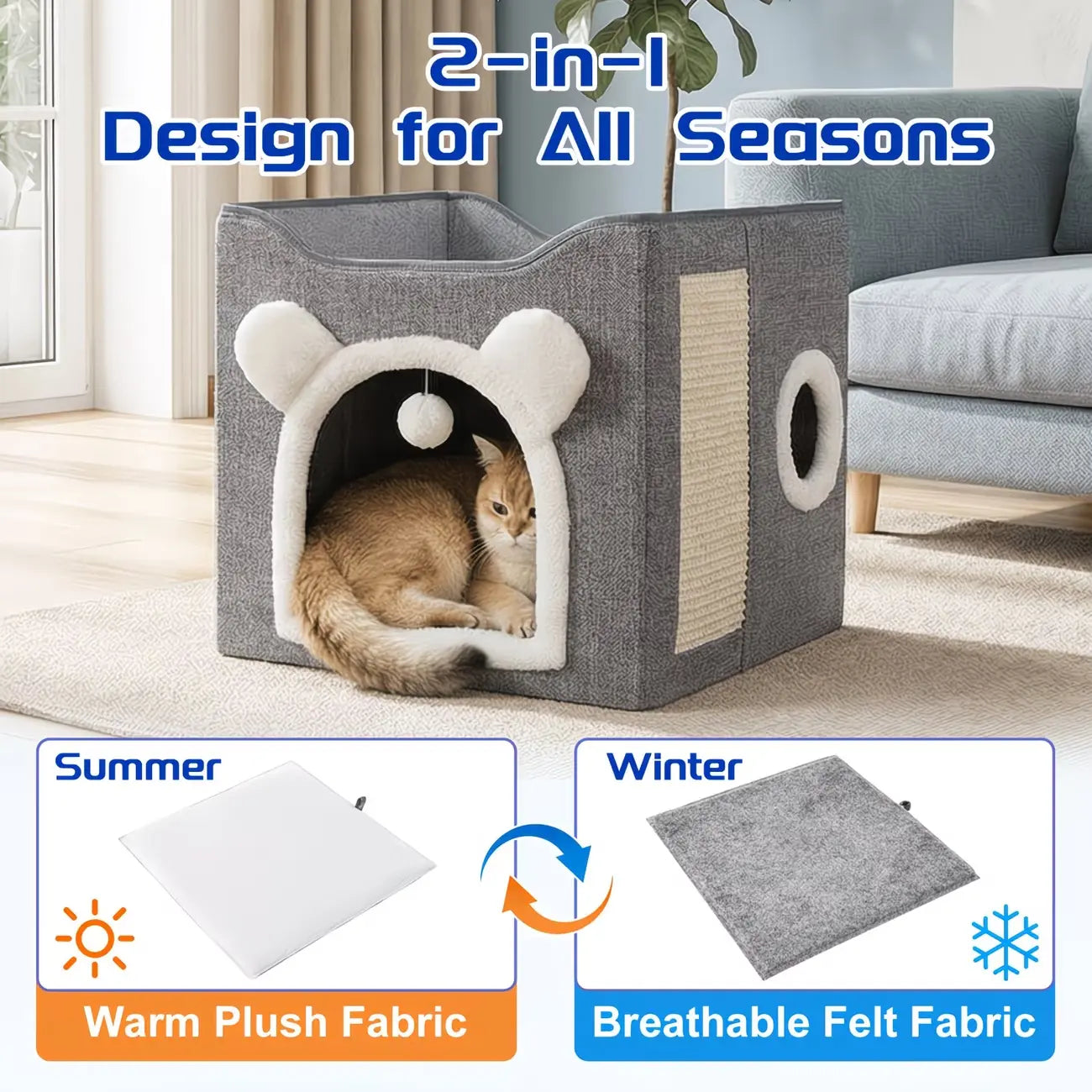 Foldable Cat House for Indoor Cats, 2-Story Cat Cube Condo with Built-In Sisal Scratching Pad & Hanging Toy Ball, Sturdy Cat Bed Hideaway Apartment Box for Large Cats up to 30 Lbs round Window