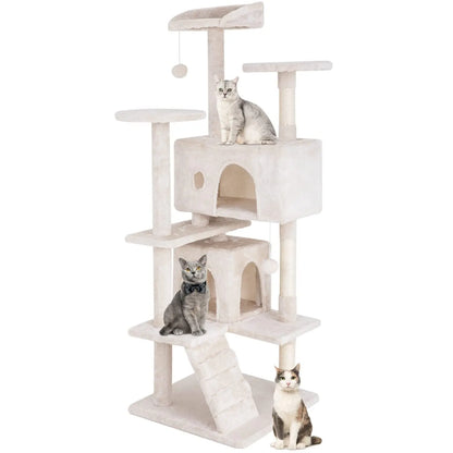 Cat Tree 54In Cat Tower with Scratching Post Multi-Level Condo Stand House Furniture Activity Center Furry Ball Toys for Indoor Cats Beige