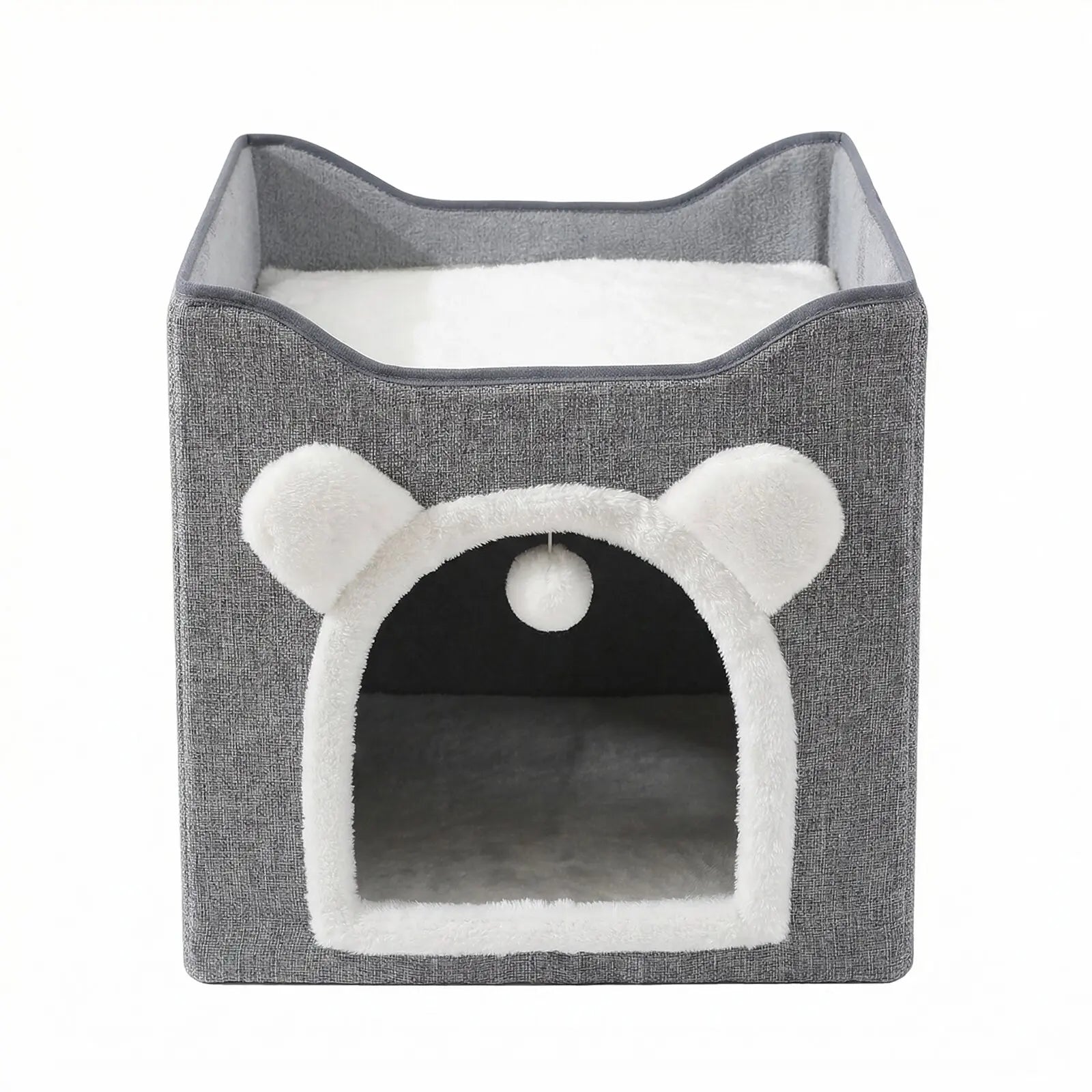 Foldable Cat House for Indoor Cats, 2-Story Cat Cube Condo with Built-In Sisal Scratching Pad & Hanging Toy Ball, Sturdy Cat Bed Hideaway Apartment Box for Large Cats up to 30 Lbs round Window