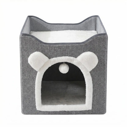 Foldable Cat House for Indoor Cats, 2-Story Cat Cube Condo with Built-In Sisal Scratching Pad & Hanging Toy Ball, Sturdy Cat Bed Hideaway Apartment Box for Large Cats up to 30 Lbs round Window