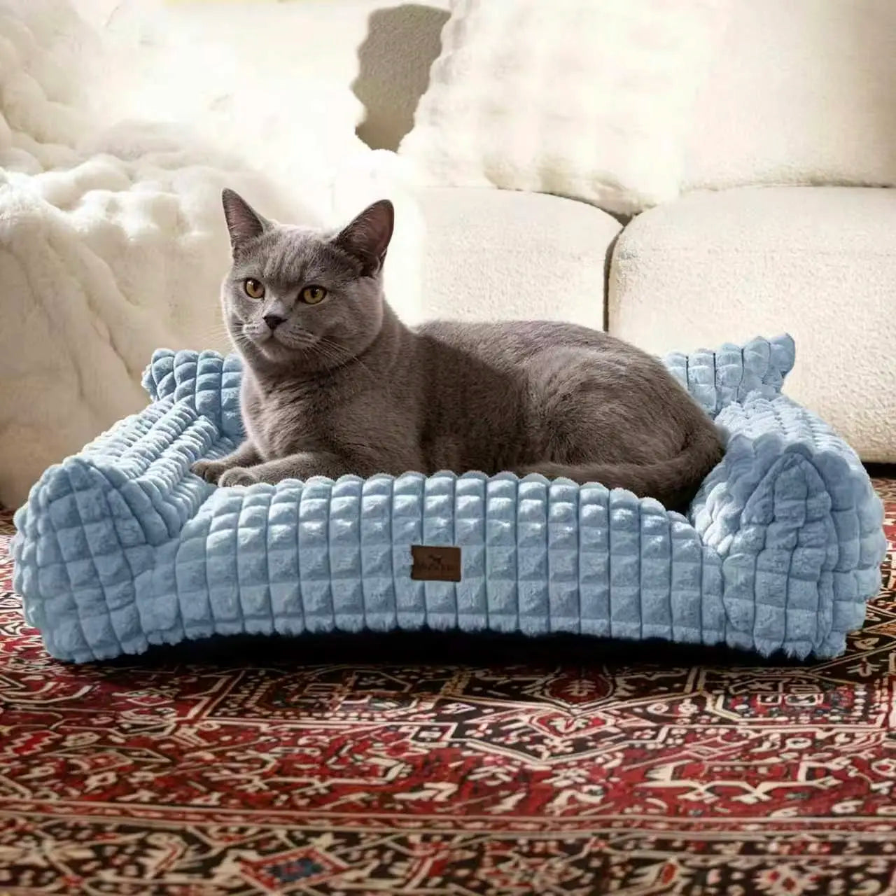 24" Faux Rabbit Fur Pet Couch Bed for Cats - Fluffy 3D Diamond Pattern Sofa, Removable Washable Cover, Non-Slip Base, Suitable for Small Dogs & Kittens