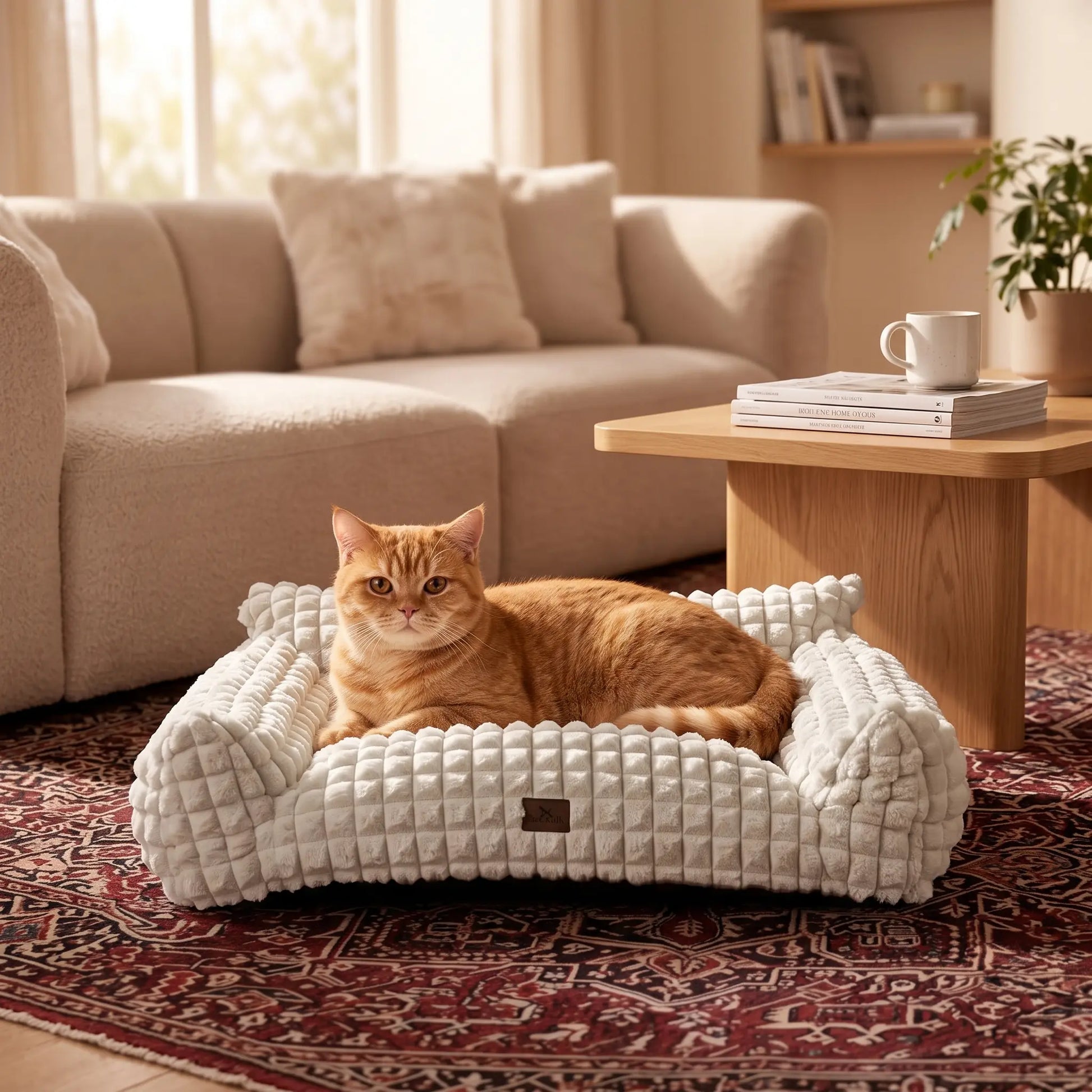24" Faux Rabbit Fur Pet Couch Bed for Cats - Fluffy 3D Diamond Pattern Sofa, Removable Washable Cover, Non-Slip Base, Suitable for Small Dogs & Kittens