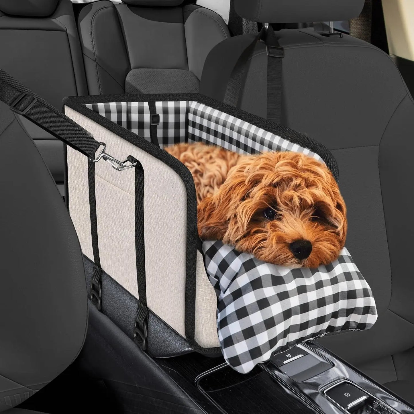 Small Dog Car Seat Center Console Booster Seat for Small Dogs & Cats, Safe Travel Pet Carrier with Safety Leash, Portable Armrest Pet Bed for Car, Non-Slip Pet Travel Carrier for Small Breeds