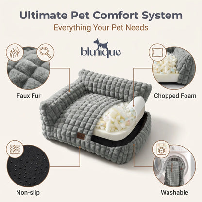 24" Faux Rabbit Fur Pet Couch Bed for Cats - Fluffy 3D Diamond Pattern Sofa, Removable Washable Cover, Non-Slip Base, Suitable for Small Dogs & Kittens