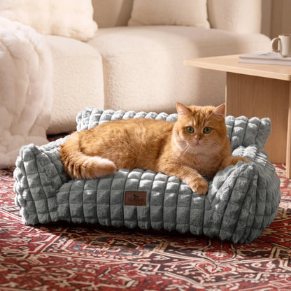 24" Faux Rabbit Fur Pet Couch Bed for Cats - Fluffy 3D Diamond Pattern Sofa, Removable Washable Cover, Non-Slip Base, Suitable for Small Dogs & Kittens