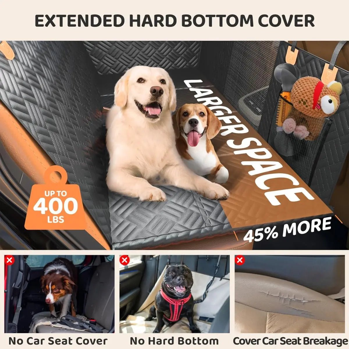 Dog Car Seat Cover with Hard Bottom Back Seat Extender – Supports up to 400Lbs, Waterproof Dog Hammock for Car, SUV & Truck