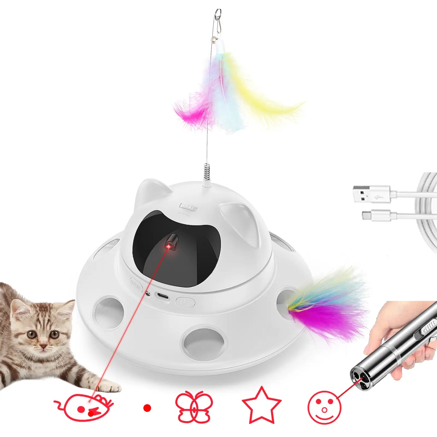 Cat Laser Toy,3-In-1Interactive Automatic 6 Holeselectronic Whack a Mole, Fluttering Butterfly,Usb Rechargeable Interactive Cat Toys for Bored Indoor Adult Cats/Kittens/Dogs Cat Laser Toy Stress Relief Toy for Cats