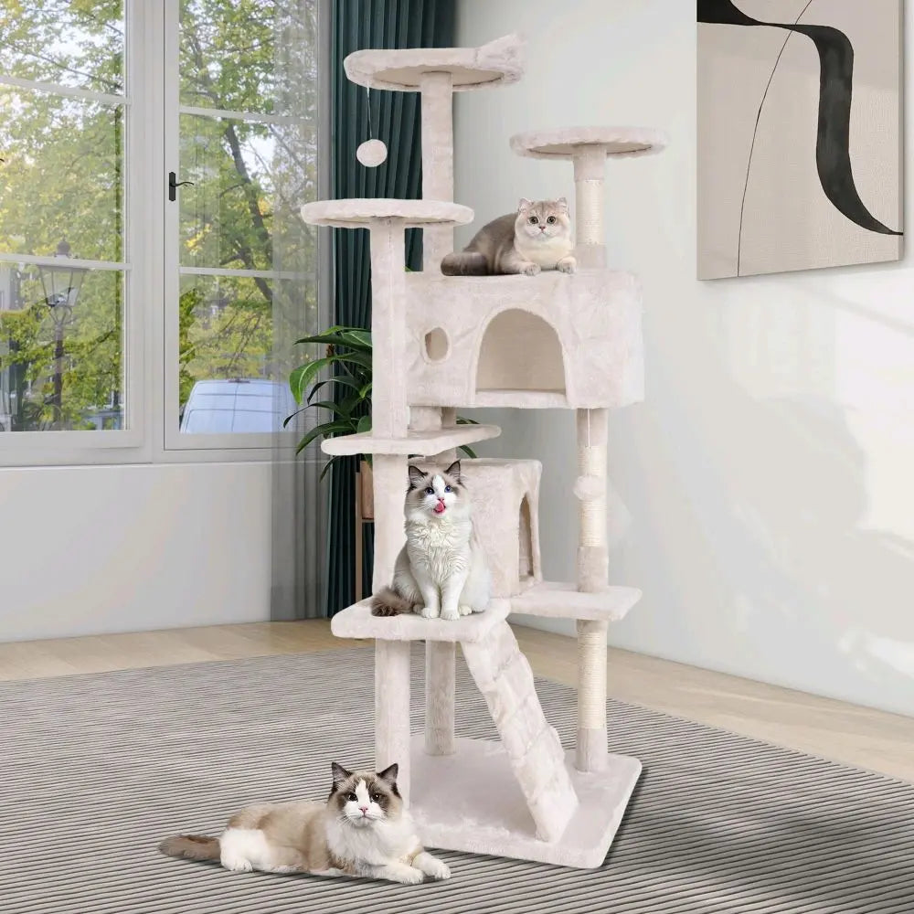 Cat Tree 54In Cat Tower with Scratching Post Multi-Level Condo Stand House Furniture Activity Center Furry Ball Toys for Indoor Cats Beige