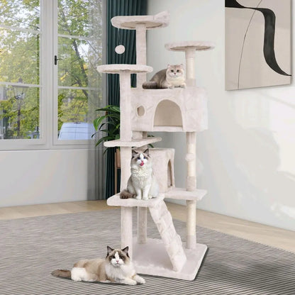 Cat Tree 54In Cat Tower with Scratching Post Multi-Level Condo Stand House Furniture Activity Center Furry Ball Toys for Indoor Cats Beige