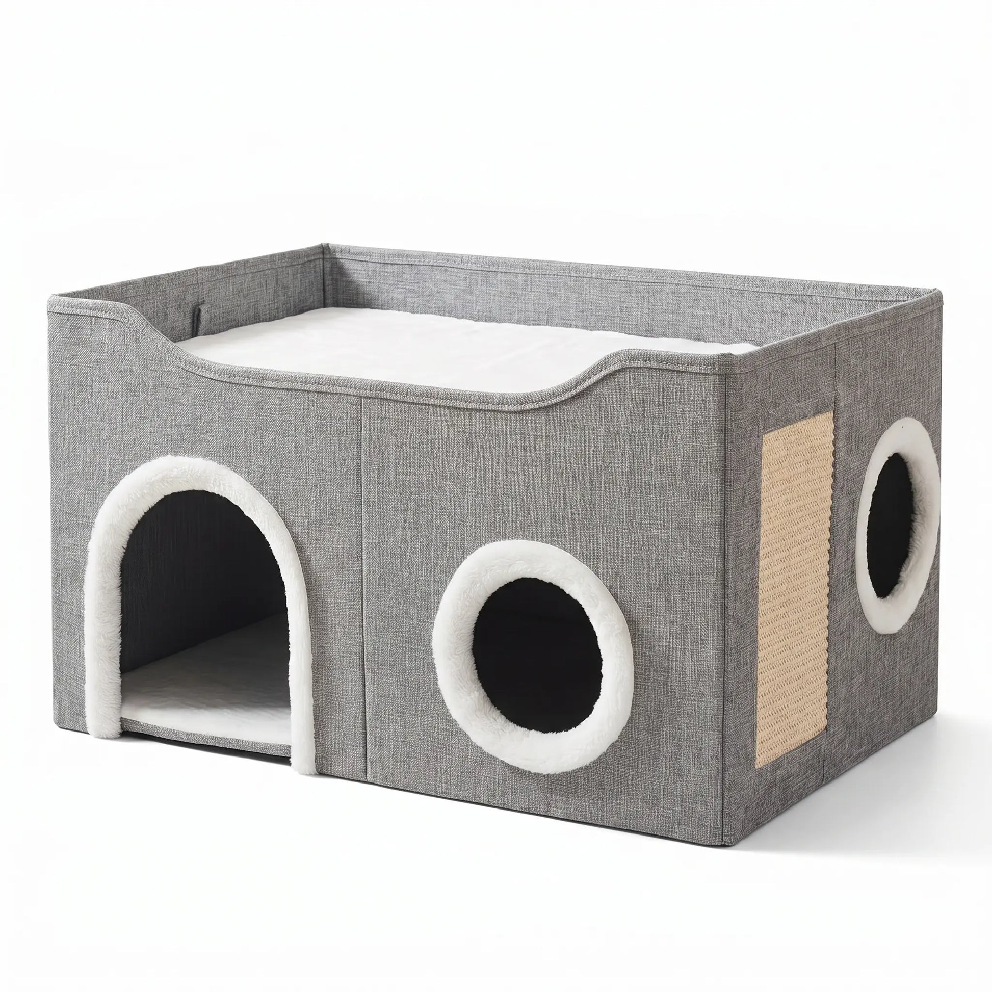 Foldable Cat House for Indoor Cats, 2-Story Cat Cube Condo with Built-In Sisal Scratching Pad & Hanging Toy Ball, Sturdy Cat Bed Hideaway Apartment Box for Large Cats up to 30 Lbs round Window