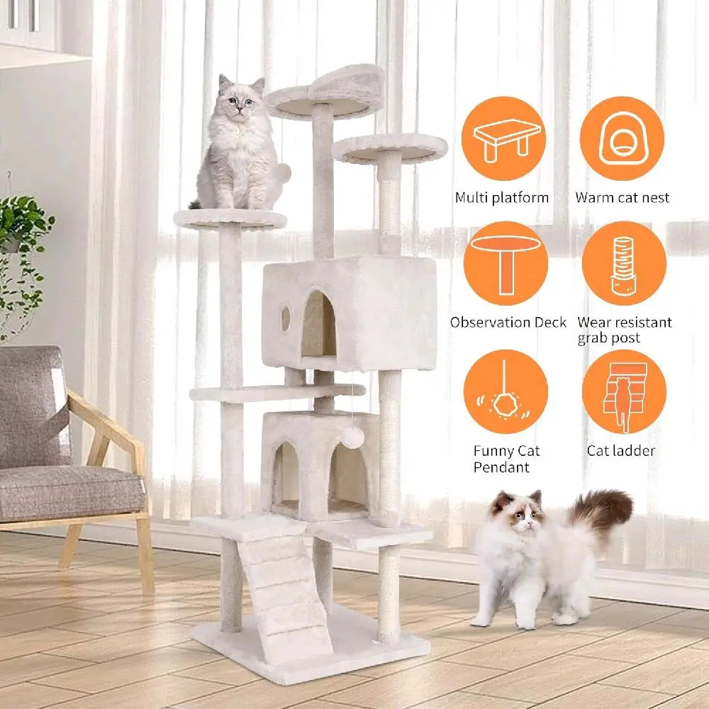Cat Tree 54In Cat Tower with Scratching Post Multi-Level Condo Stand House Furniture Activity Center Furry Ball Toys for Indoor Cats Beige