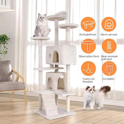 Cat Tree 54In Cat Tower with Scratching Post Multi-Level Condo Stand House Furniture Activity Center Furry Ball Toys for Indoor Cats Beige